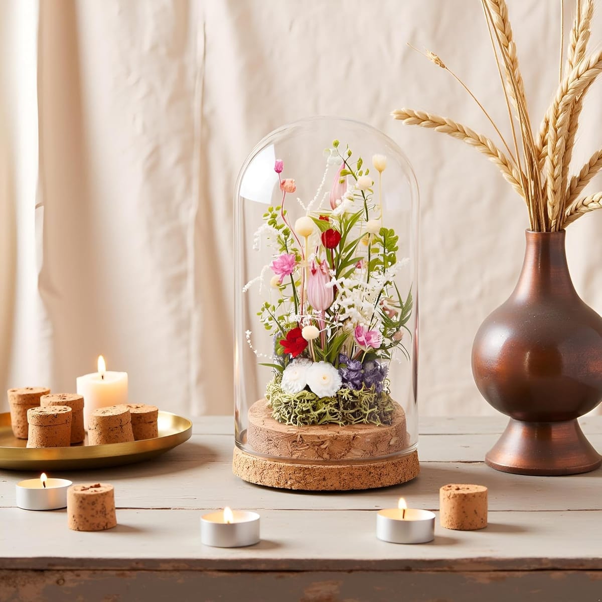 コルクガラスドーム 小花アレンジ プリザーブドフラワー ドライフラワー