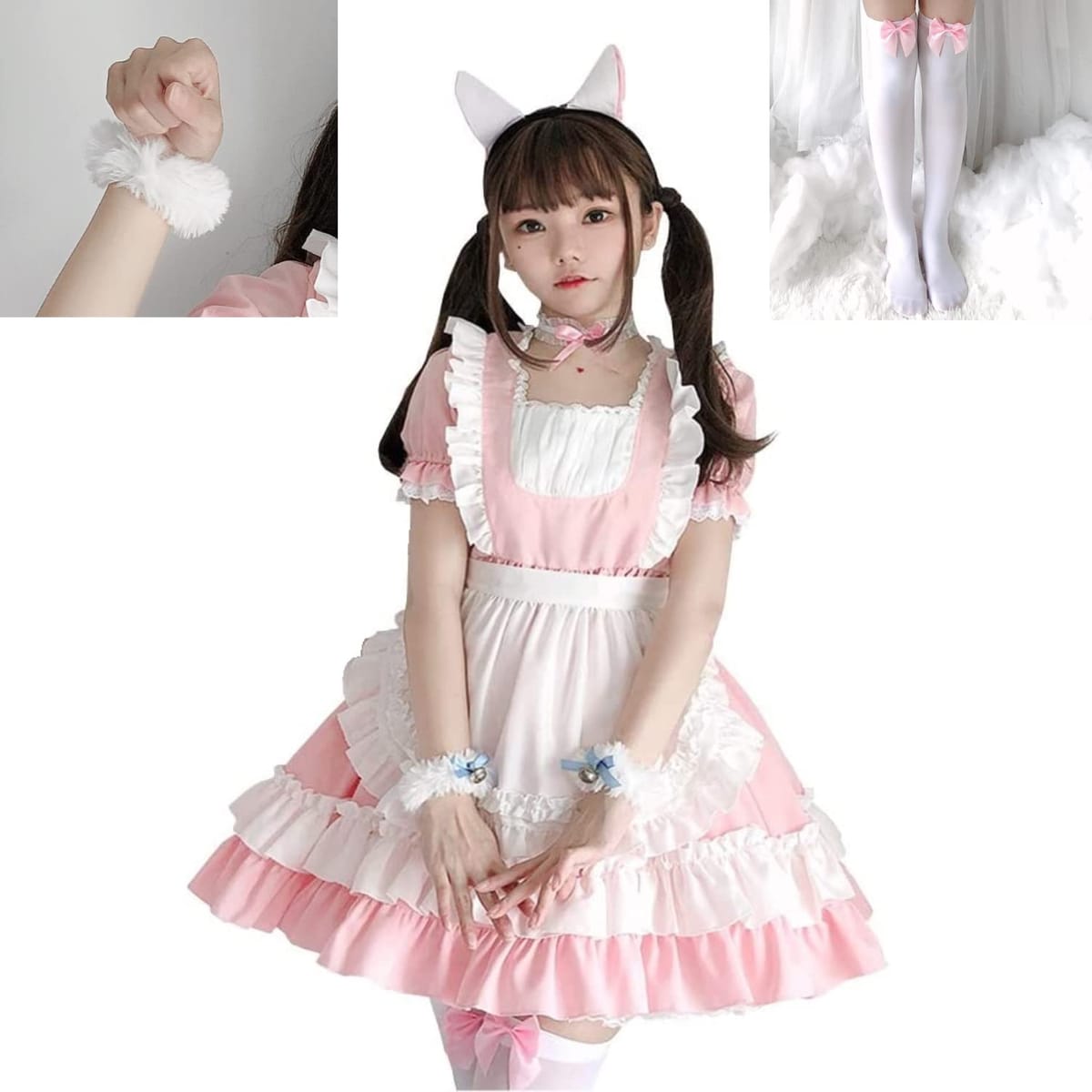 [Wonderfall] メイド服 コスプレ カチューシャ チョーカー ハロウィン (ピンク(猫耳、シュシュ、ソックス), S)