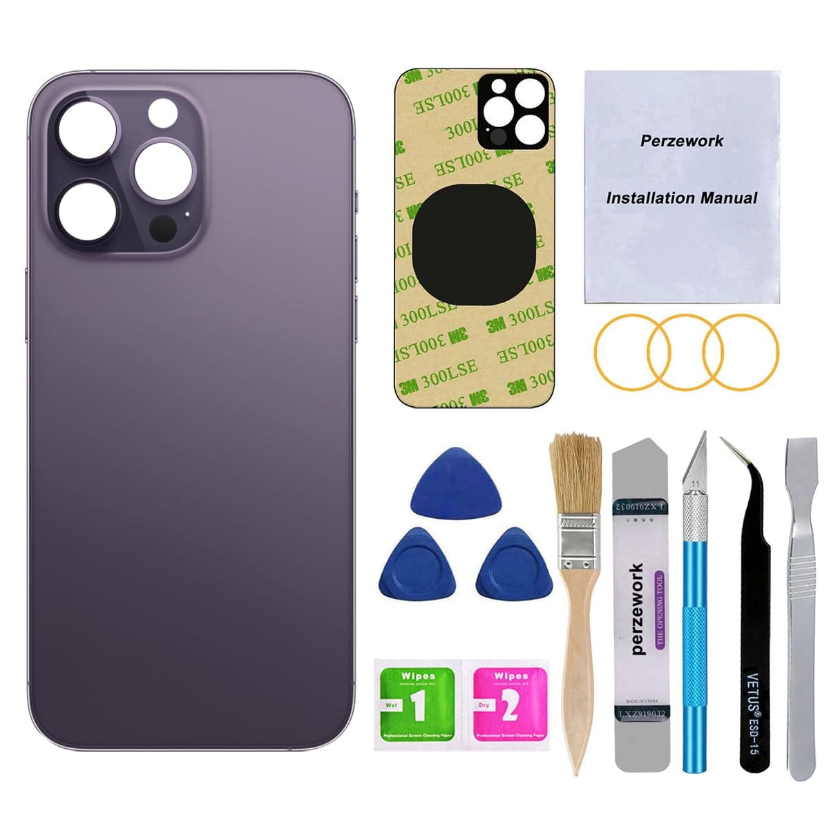 Perzework OEM リアバックガラス 交換用 iPhone 14 Pro 6.1インチ用 修理ツールキットと取り付け済み接着剤付き (ディープパープル)