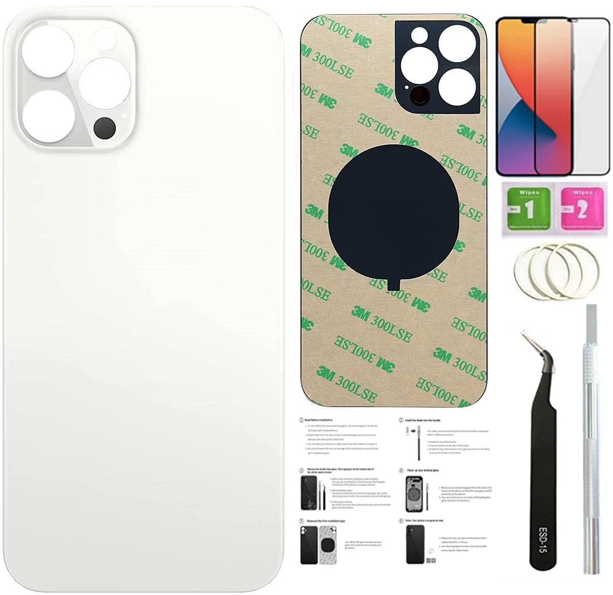 Day-market 12 Pro Max バックガラス iPhone 12pro Max用 バックカバーガラス (6.7インチ) 取り付け済みテープ + 取り付け説明書 + 修理ツール + スクリーンプロテクター (シルバー)