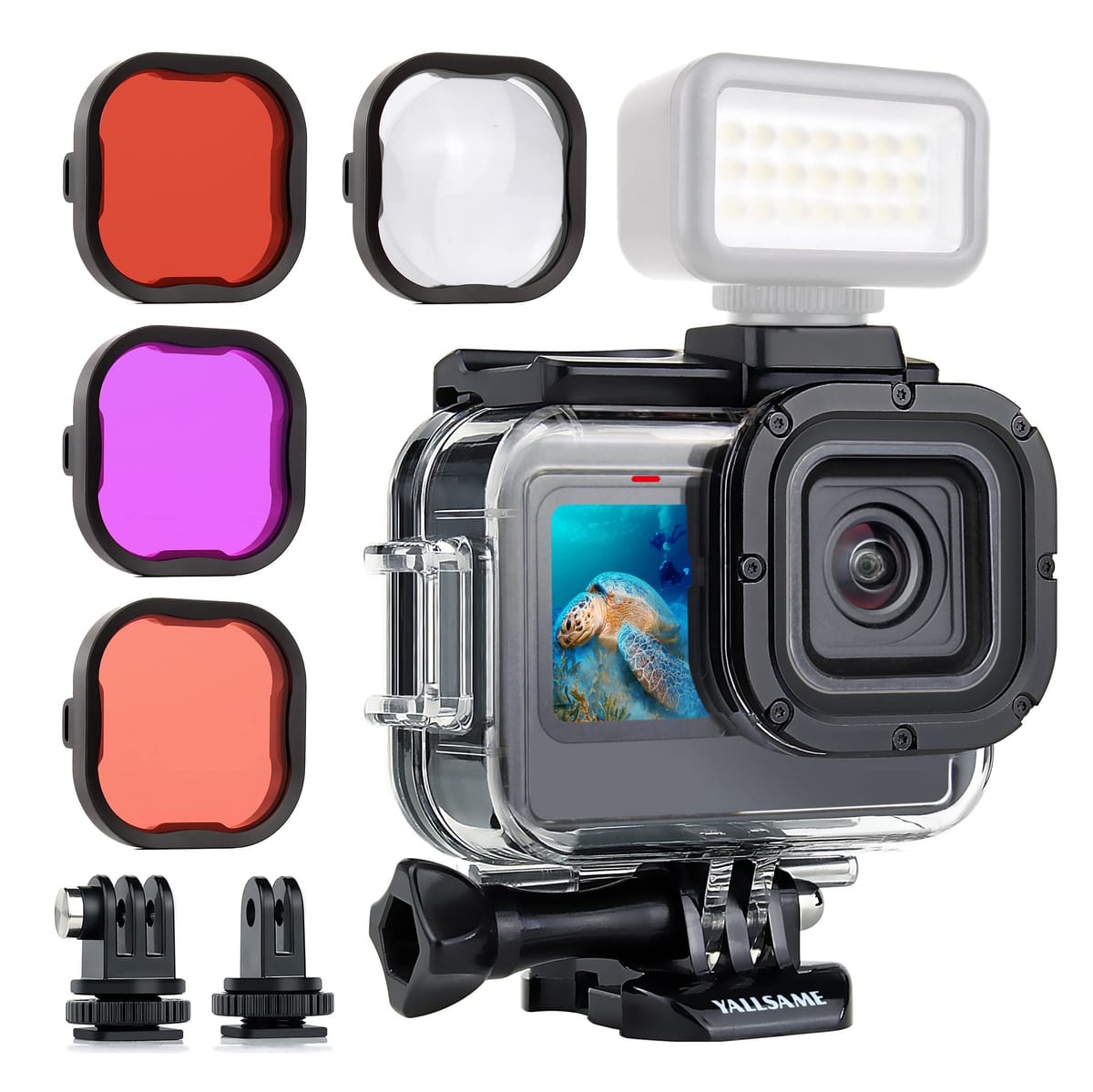 YALLSAME 防水ケース GoPro HERO 12 HERO 11 HERO 10 HERO 9ブラック フィルター4個&拡張アダプター付き 59フィート 水中ダイビング保護ハウジング Go Pro 12 11 10 9スキューバダイビングシュノー