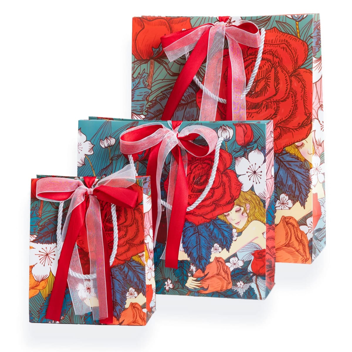 Loïs Pique ラッピング 袋 ギフトバッグ ローズ柄 紙袋 3枚入 小 中 大 手提げ袋 プレゼント ギフト おしゃれ (C レッド)