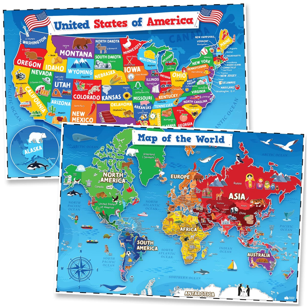 米国&世界地図ポスター 子供用 2枚 24 x 16インチ 防水 USA & 世界地図ポスター - キッズ 米国地図 壁ポスター 学習 教室 教育 新学期 リソース