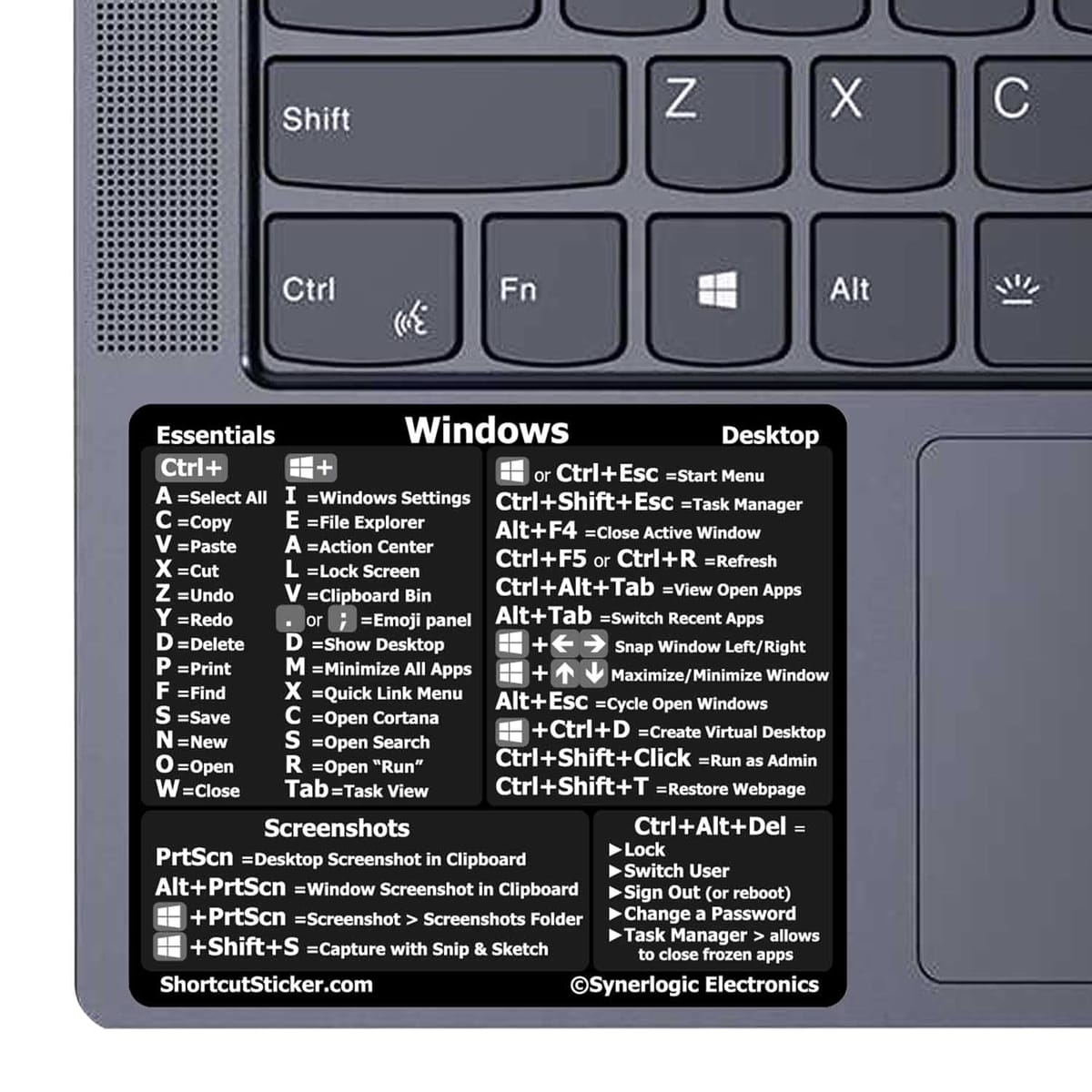 SYNERLOGIC Windows PC Reference Keyboard Shortcut Vinyl Sticker, laminated, no-residue adhesive, for any PC laptop or desktop S