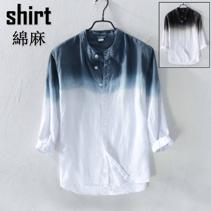 シャツ リネンシャツ 七分袖シャツ メンズ 立ち襟 スタンドカラー カジュアルシャツ shirt M-3XL グラデーション柄 綿麻 トップス 春 夏 秋物
