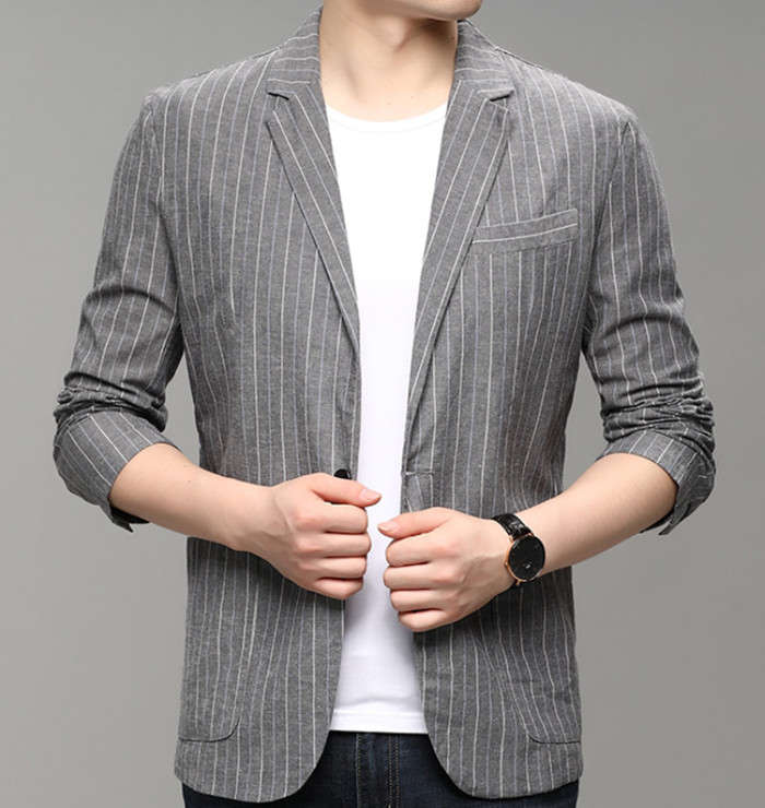 テーラードジャケット リネンジャケット 綿麻 メンズブレザー ストライプ柄 カジュアルジャケット 一つボタン ビジネス サマージャケット 新品 麻混 細身 紳士品 アウター 春夏物 涼しい 父の日 プレゼント