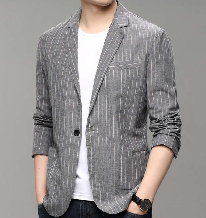 テーラードジャケット リネンジャケット 綿麻 メンズブレザー ストライプ柄 カジュアルジャケット 一つボタン ビジネス サマージャケット 新品 麻混 細身 紳士品 アウター 春夏物 涼しい 父の日 プレゼント