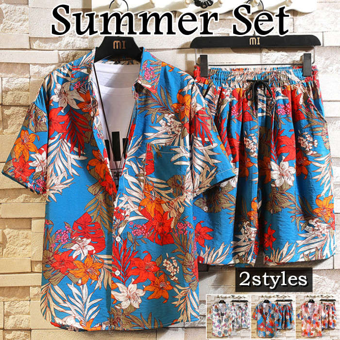 アロハシャツ セットアップ 花柄 総柄 半袖シャツ ハーフパンツ ショートパンツ 2点上下セット メンズ フラワー トップス カジュアルシャツ ショーツ 短パン 半ズボン M-5XL 夏服 涼しい 男性 ファッション 衣装 ハワイ 休日を過ごす