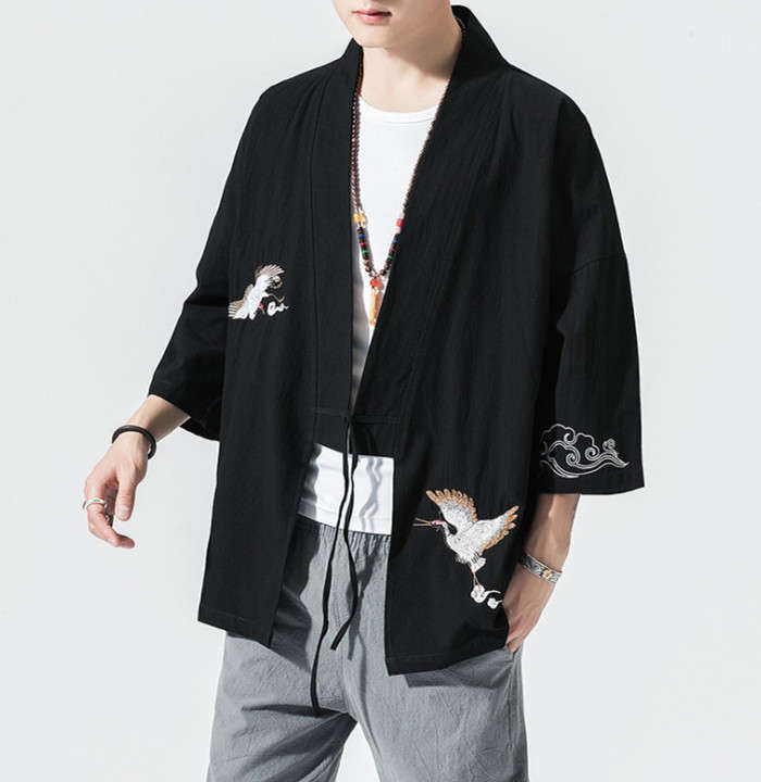 サマーカーディガン 開襟シャツ メンズリネンカーディガン トップス 五分袖 大きサイズ ショート丈 羽織 和服 刺繍 ゆったり カジュアル 綿麻 和風 和装 着物 和式 アウター 大人用 春物 夏服 上着 半纏 半被 法被 甚平 部屋着 父の日