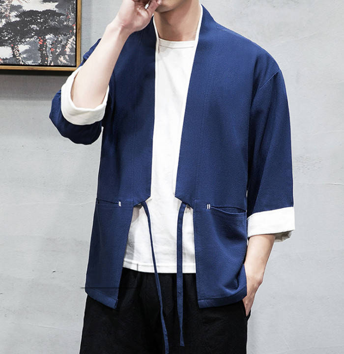 サマーカーディガン 七分袖 リネン開襟シャツ メンズカーディガン 無地 トップス 大きサイズ ショート丈 羽織 和服 ゆったり カジュアル 和風 和装 着物 和式 綿麻 アウター 大人用 春物 夏服 上着 半纏 半被 法被 甚平 部屋着 父の日