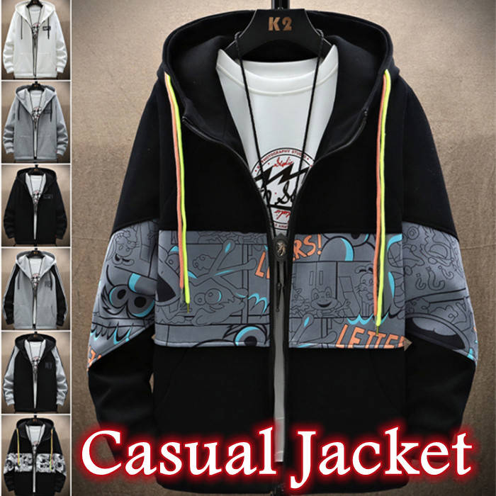 カジュアルジャケット ジップアップパーカー メンズジャケット ショートコート 切り替え柄 フード付きカーディガン 無地 ゆったりジャケット 長袖 春秋アウター