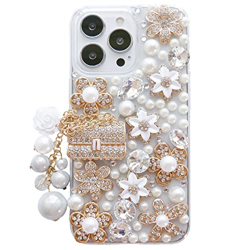 iPhone 14ケース、可愛い キラキラストーン、金属製のハンドバッグの装飾、カメリア花、真珠流苏、 iPh..