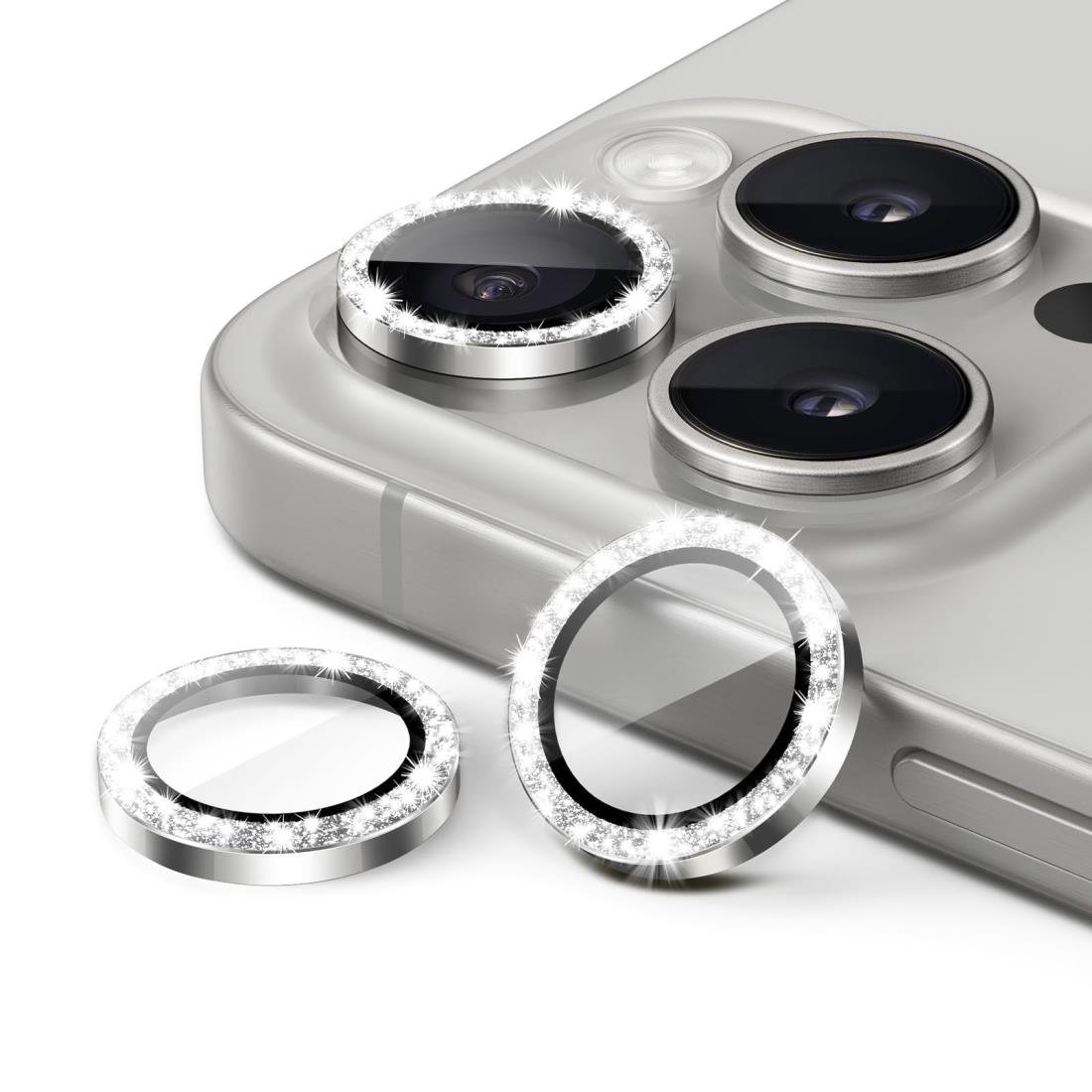 JEDirect iPhone 15 Pro 6.1 インチ/iPhone 15 Pro Max 6.7 インチ用 カメラレンズフィルム キラキラ ピカピカ 個別の9H強化ガラス金属リングカバー HDクリア 3枚セット ホワイトチタニウム 