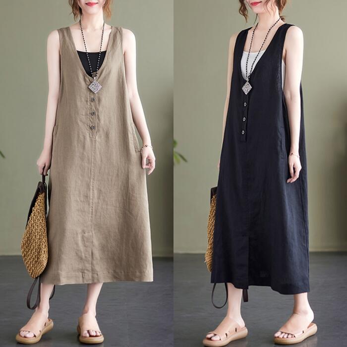 リネン ワンピース ナチュラル ジャンパースカート サロペットスカート 薄手 涼しい コットン リネン混 綿 麻 春 夏 レディース ワンピ ドレス カジュアル ゆったり シンプル 大人 可愛い ベージュ ブラック 黒 20代 30代 40代 50代