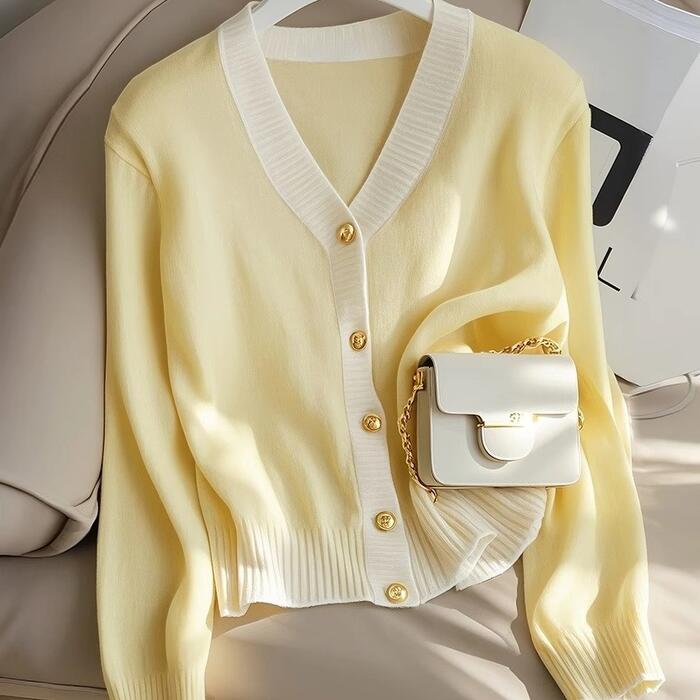 トップス ニット カーディガン セーター カットソー 羽織り エレガント レディース 大人 可愛い きれいめ カジュアル フェミニン 長袖 バイカラー シンプル 体型カバー Vネック イエロー 春 秋 冬 20代 30代 40代 50代