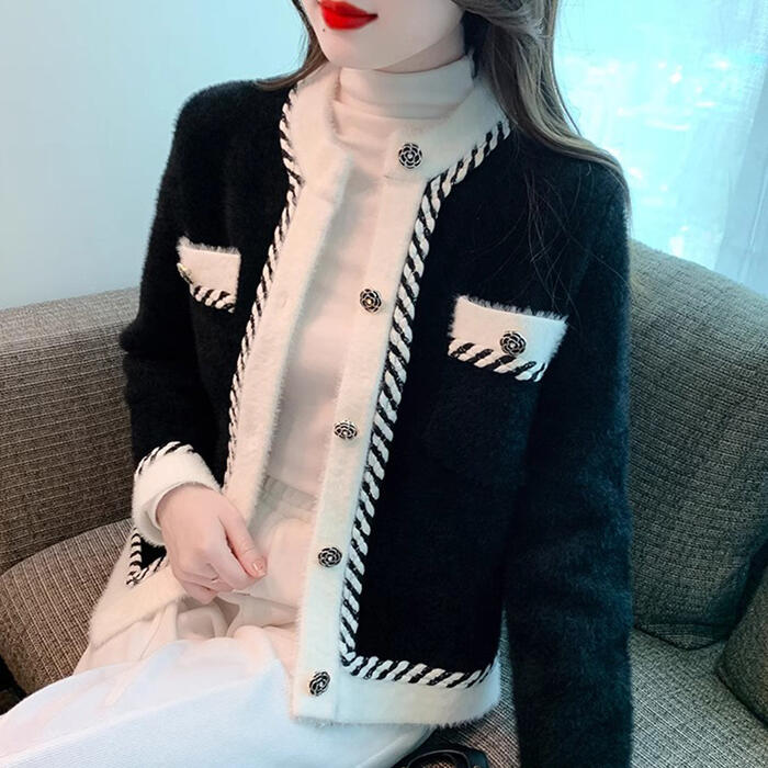 ジャケット トップス カーディガン カットソー ニット プルオーバー セーター 羽織り パイピング エレガント レディース 大人 可愛い きれいめ カジュアル フェミニン バイカラー 通勤 オフィス ブラック 黒 ベージュ 春 秋 冬 20代 30代 40代 50代