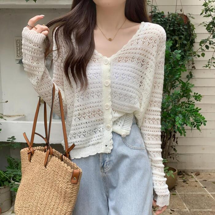 トップス ニット カーディガン アウター 羽織り カットソー 透かし編み クロシェ レディース 大人 可愛い きれいめ カジュアル 長袖 ベージュ ホワイト 白 イエロー ピンク ブルー 青 ブラック 黒 春 夏 秋 20代 30代 40代 50代