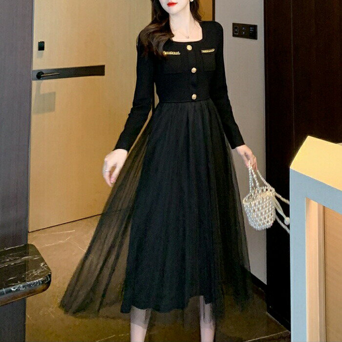 ワンピース ワンピ ドレス ニット 袖あり チュール 異素材ミックス レディース エレガント きれいめ カジュアル 大人 可愛い フェミニン 長袖 ミモレ丈 スクエアネック ハイウエスト フレアスカート ブラック 春 秋 冬 20代 30代 40代 50代