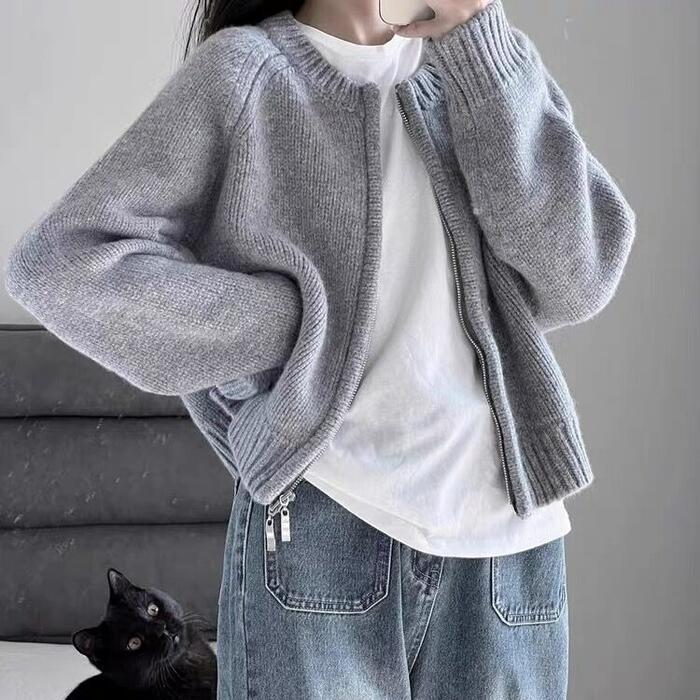 トップス ニット カーディガン ジップアップ 羽織り アウター エレガント レディース 大人 可愛い きれいめ カジュアル フェミニン 長袖 ベーシック 無地 ブルー 青 オレンジ レッド 赤 ホワイト 白 ブラック 黒 春 冬 秋 20代 30代 40代 50代