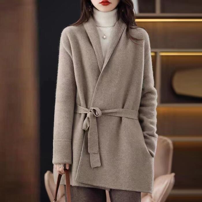 トップス ニット カーディガン コート ジャケット ガウン 羽織り レディース 大人 可愛い きれいめ カジュアル エレガント フェミニン 長袖 ミドル丈 ゆったり シンプル ウール混 ベージュ ブラウン 春 秋 冬 20代 30代 40代 50代