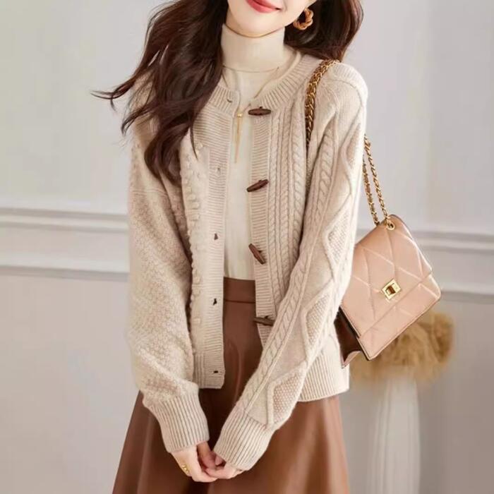 ウール トップス ニット カーディガン カットソー セーター レディース 大人 可愛い きれいめ カジュアル 長袖 シンプル ベーシック ケーブル アシンメトリー トグルボタン ブラウン ベージュ 春 秋 冬 20代 30代 40代 50代