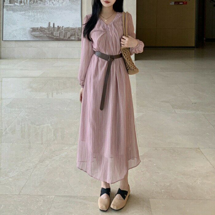 ワンピース ワンピ ドレス 袖あり レディース エレガント きれいめ カジュアル 長袖 パフスリーブ 大人 可愛い フェミニン ロング丈 Vネック お呼ばれ ウエストベルト ゆったり クラシカル ピンク 春 秋 冬 20代 30代 40代 50代(4)