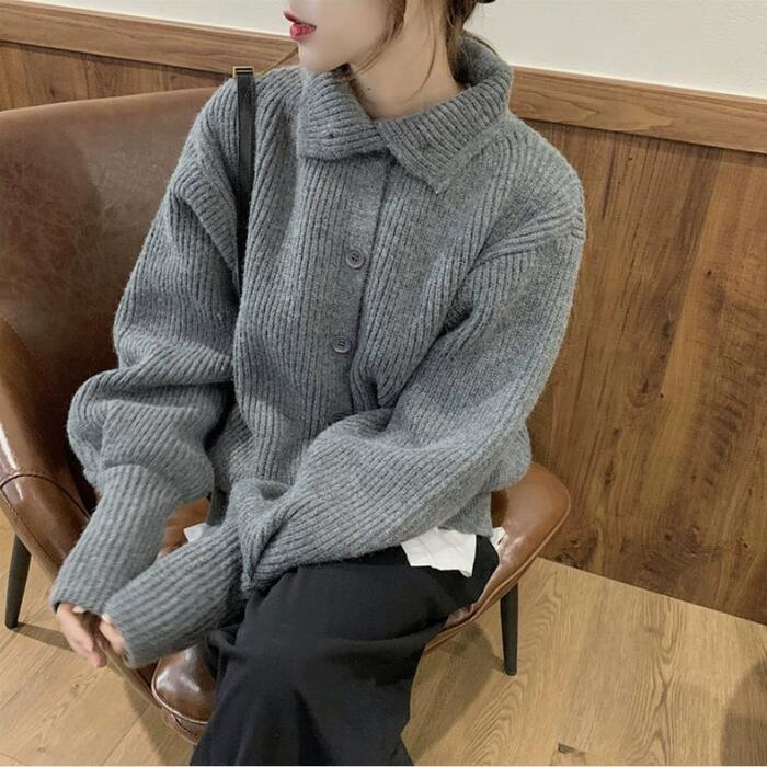 トップス ニット カーディガン セーター アウター ジャケット 羽織り 襟付き ハイネック レディース きれいめ カジュアル 長袖 大人 可愛い フェミニン パフスリーブ 韓国 おしゃれ ゆったり グレー ブラック 黒 春 秋 冬 20代 30代 40代 50代