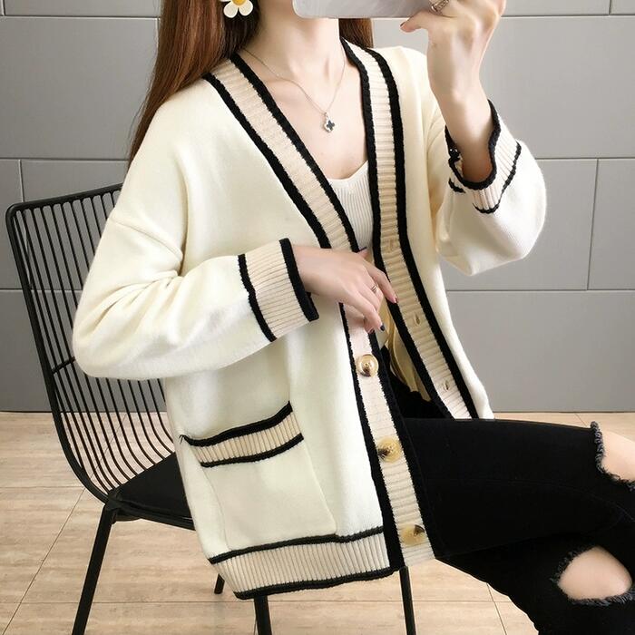 トップス ニット カーディガン セーター アウター ジャケット ライン 配色 レディース きれいめ カジュアル 長袖 大人 可愛い フェミニン トラッド 韓国 ホワイト 白 ブルー 青 ベージュ レッド 赤 春 秋 冬 20代 30代 40代 50代