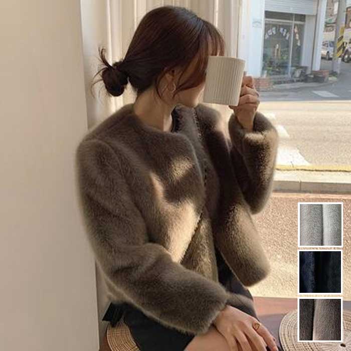 ファーコート レディース エコファー きれいめ エレガント ジャケット アウター ショート丈 コート 長袖 ノーカラー フェミニン グレー ブラック 黒 ベージュ 春 秋 冬 20代 30代 40代 50代