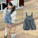 セットアップ ベビー 子供服 女の子 ブラウス 春秋 上下セット サロペット デニム トップス シャツ ショートパンツ ターバン付き 90 100 110 120 130 140