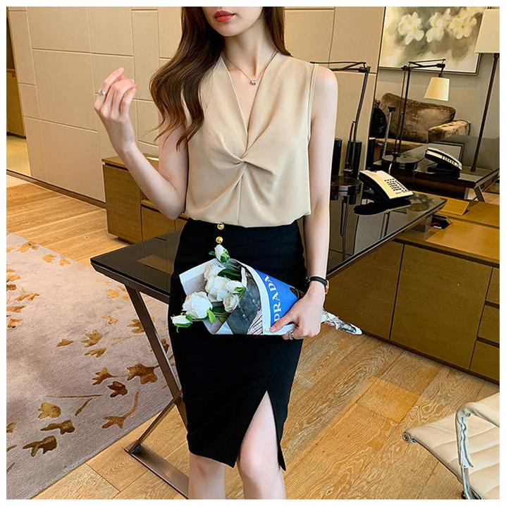 ブラウス レディース オフィス ノースリーブ 夏 薄手 vネック シャツ トップス プルオーバー 大人 シンプル カジュアル きれいめ お洒落 無地 フォーマル 通勤