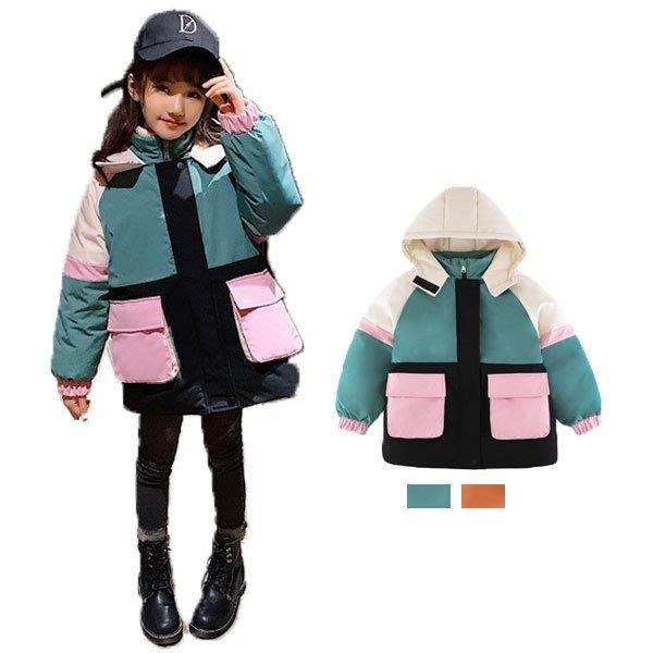 フード付き 110-160 ミックスカラー コート ミドル丈 通学 防風 オレンジ 中棉コート 防寒 冬服 キッズ..