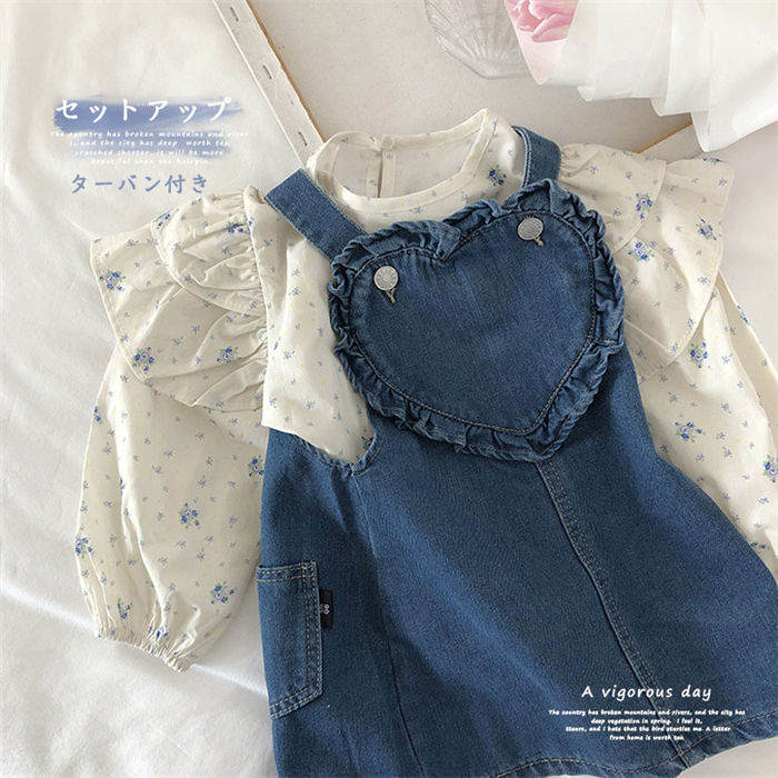 女の子 デニム 130 ブラウス 上下セット カジュアル 140 120 セットアップ 可愛い 100 110 おしゃれ トップス 春秋 可愛い ターバン付き ガールズ シャツ 花柄 子供 おしゃれ スカート 子供服 サロペット 90 キッズ 新品 薄手