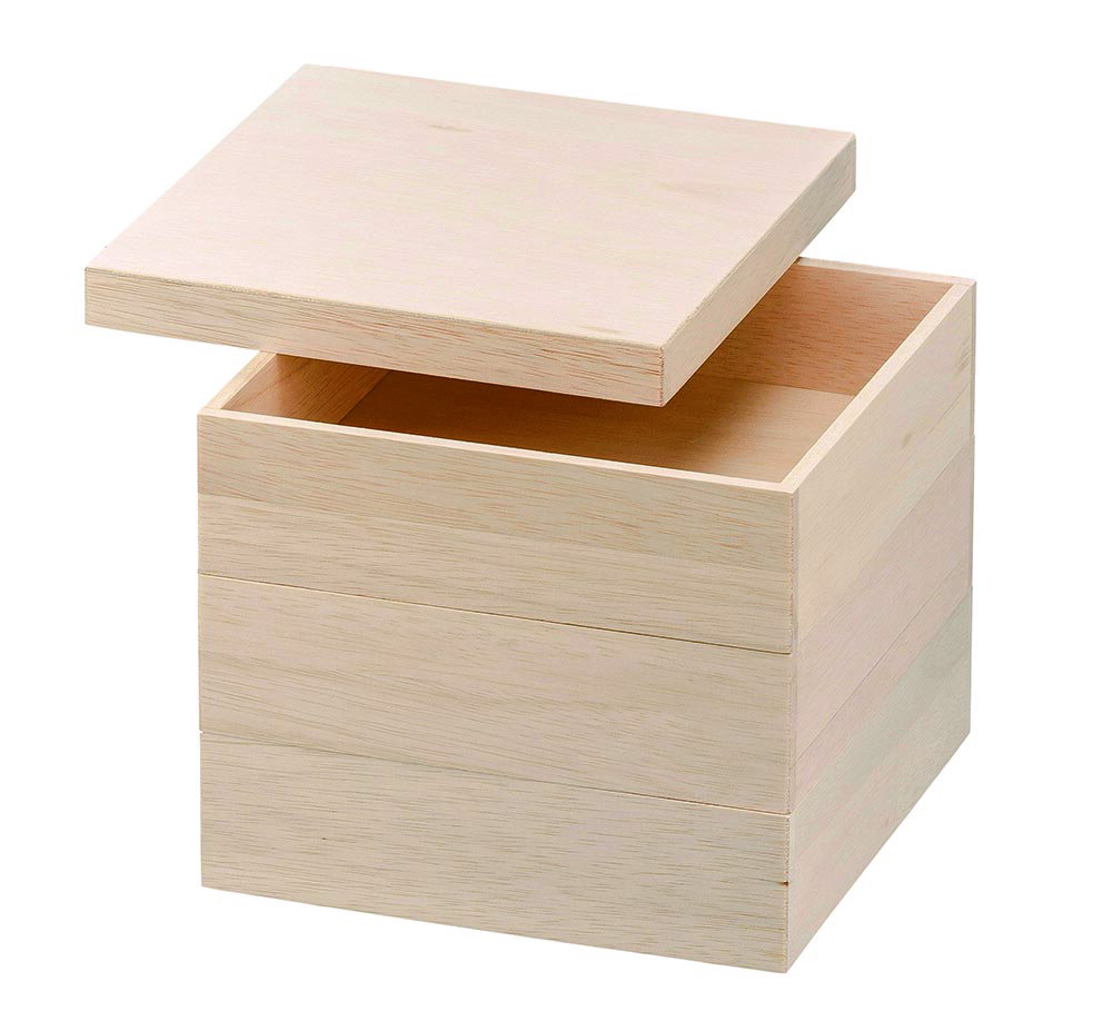 メーカー名：福井クラフト メーカー型番：93033031 サイズ：184×184×190 内寸：175×175×45 色：白木 材質：ファルカタ材 重量：543g自由に、楽しく様々なアレンジOKで使える重箱。