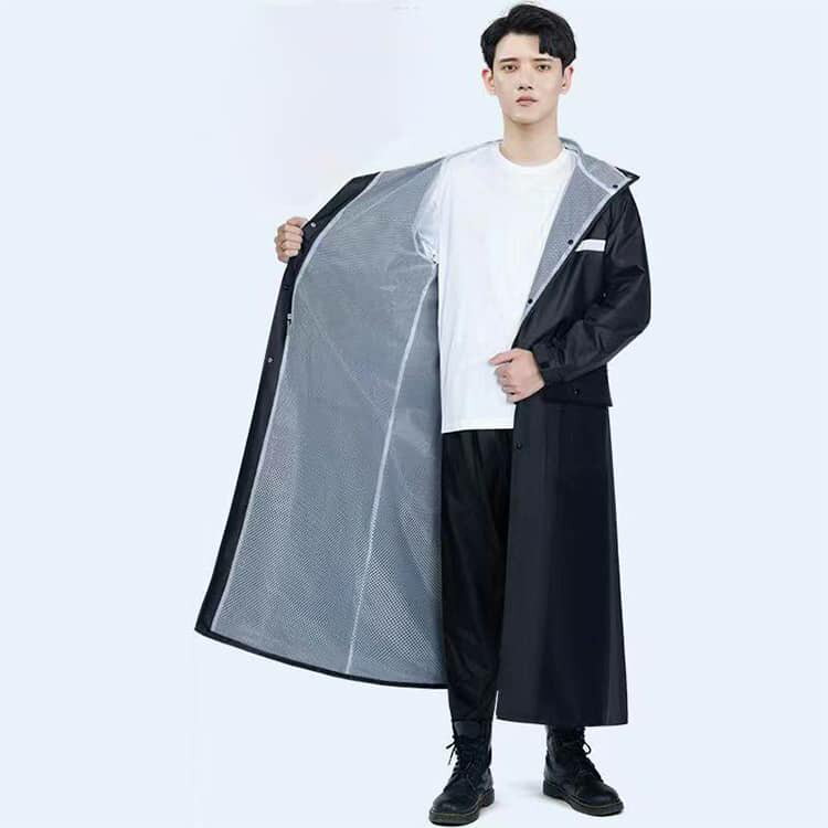 レインコート メンズ レディース 男性用 ロング丈 裏地メッシュ レインポンチョ 袖付き 自転車 バイク ポンチョ カッパ 撥水 防水 防風 耐久 レインウェア 反射テープ 雨具 梅雨対策 男女兼用 通勤 通学 ダブルポケット付き 大きいサイズ ブラック ネイビー 3