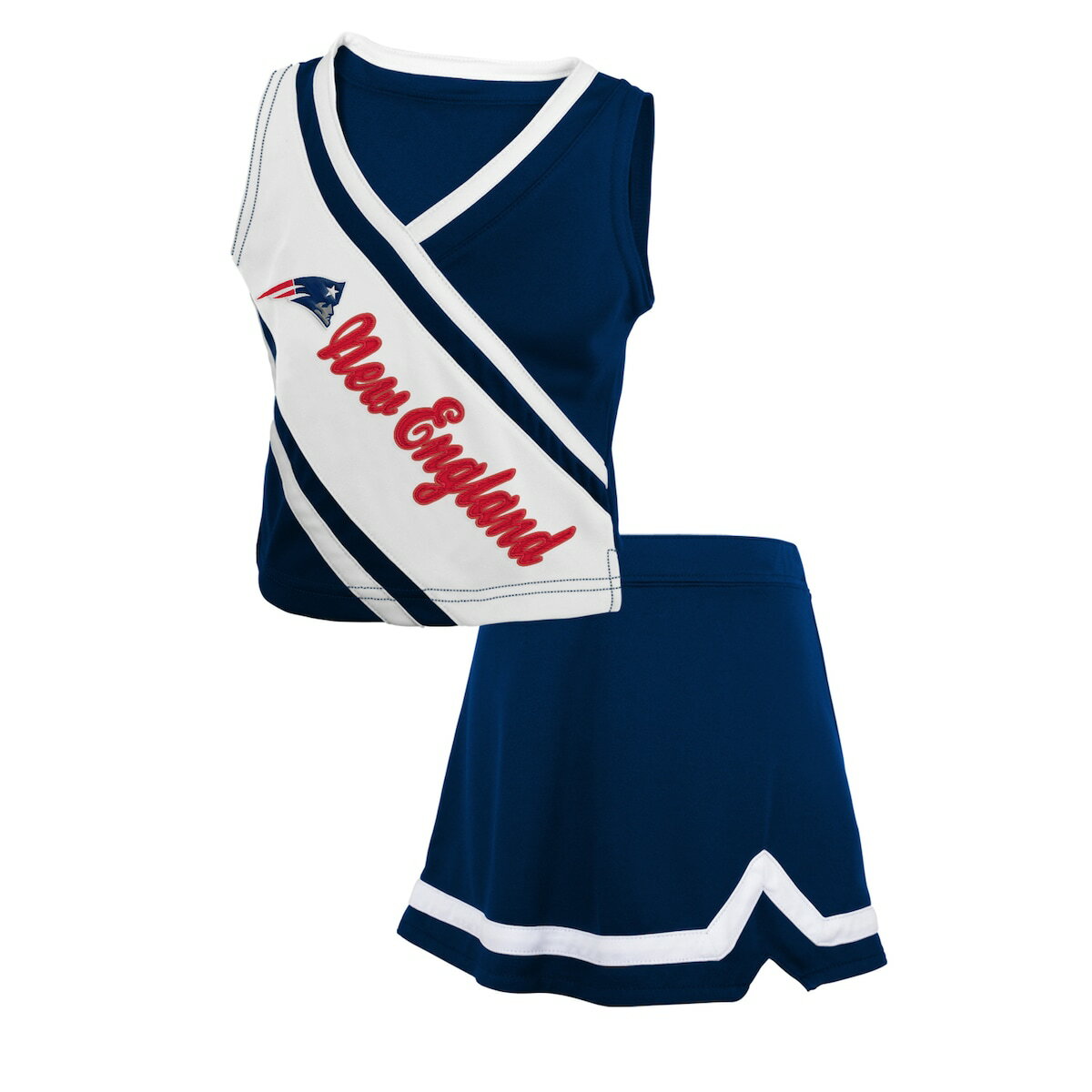 Let your favorite little New England fan feel like she's a part of the game day action with this adorable Team Spirit 2-piece cheerleader set! The sleeveless top features an embroidered applique location name and an embroidered team logo with contrast color stripes. Also featuring a cute skirt with an elastic waist and stripe detail at the hem, this set will help your little one show off some serious Patriots spirit!Officially licensedMachine wash, tumble dry lowImportedSleeveless2-piece cheerleader set includes top and skirtSkirt outer seam measures approximately 10.25" (size 3T)Brand: OuterstuffMaterial: 100% PolyesterEmbroidered fabric applique letteringQuality embroidered logosElastic waistband on skirt