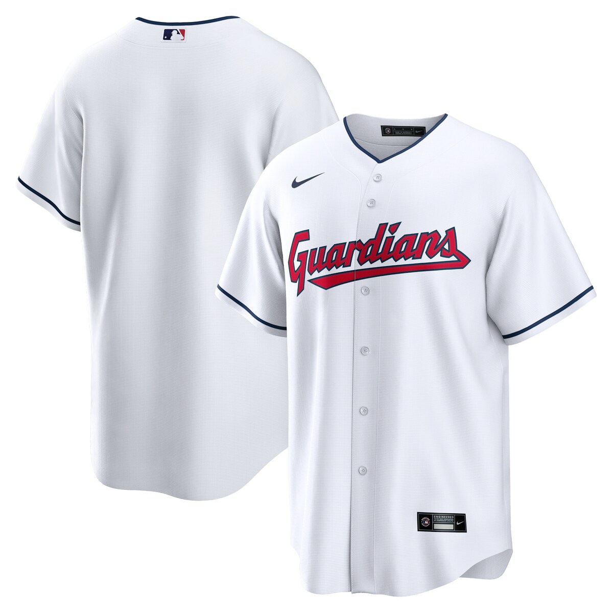 You're the biggest Cleveland Guardians fan around and you love to show it. Get pumped to cheer on all of your favorite players with this Cleveland Guardians Replica Team Jersey by Nike. Its full-button front lets you look and feel like the real deal making it the perfect Cleveland Guardians game day gear.ImportedRounded hemBrand: NikeHeat-sealed transfer appliqueMLB Batterman applique on center back neckMaterial: 100% PolyesterOfficially licensedMachine wash gentle or dry clean. Tumble dry low, hang dry preferred.Heat-sealed jock tagFull-button front