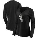 【公式グッズ】MLB ホワイトソックス 長袖 Tシャツ Fanatics(ファナティクス) レディース ブラック (Women's Core Distressed Team Long Sleeve V-Neck Tee)