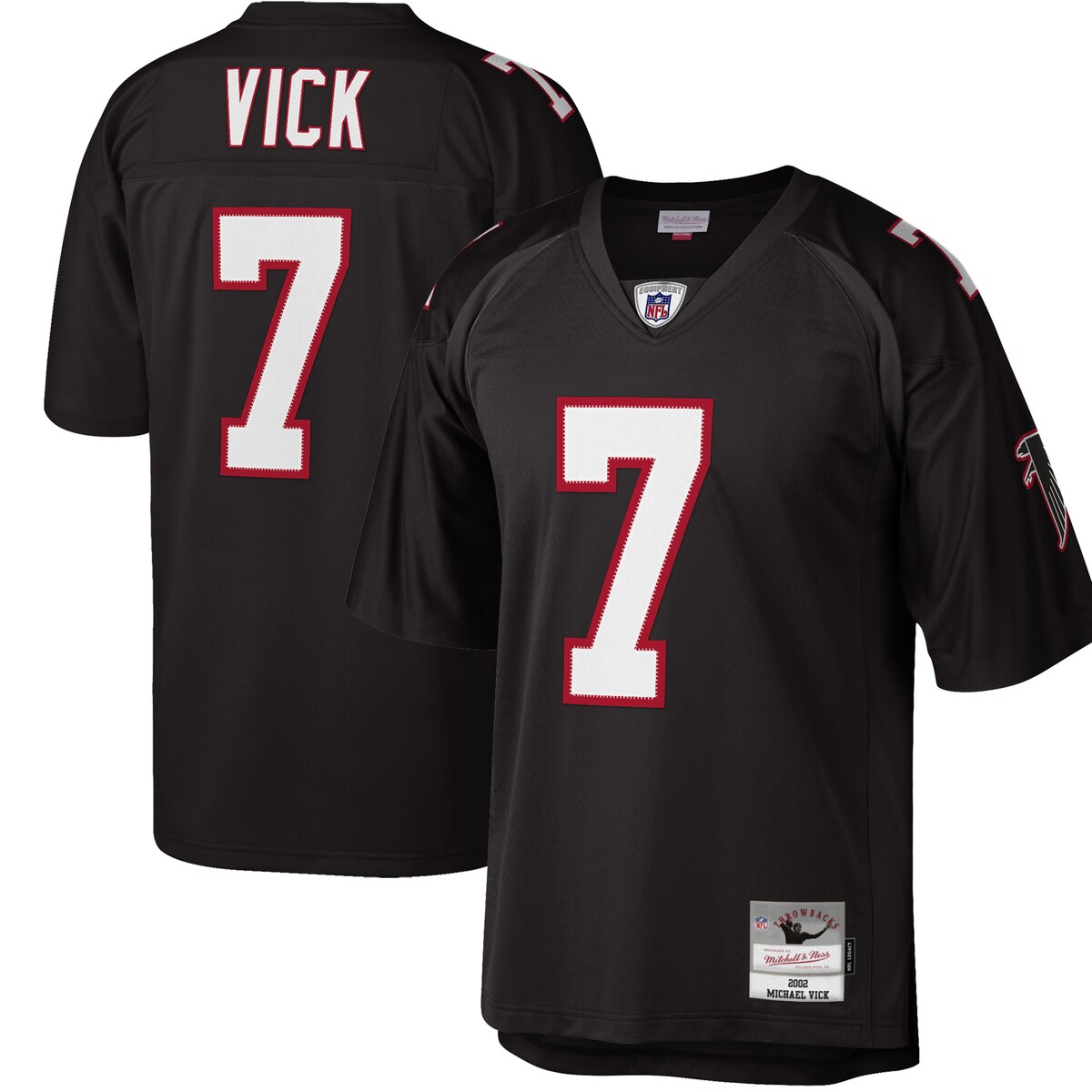 Showcase who your all-time favorite Atlanta Falcons player is by sporting this Michael Vick 2002 Retired Player Replica jersey from Mitchell & Ness. It features authentic Atlanta Falcons graphics that will leave a lasting impression on fellow fans. You'll remind everyone around you of the legendary Michael Vick.Droptail hem with side splitsReplica JerseyMachine wash, tumble dry lowMesh fabricV-neckMaterial: 100% PolyesterBack neck taping - no irritating stitch on the back neckStitched fabric applique with player year and nameImportedStitched tackle twill letters and numbersStitched jock tag at bottom left hemShort sleeveBrand: Mitchell & NessOfficially licensed