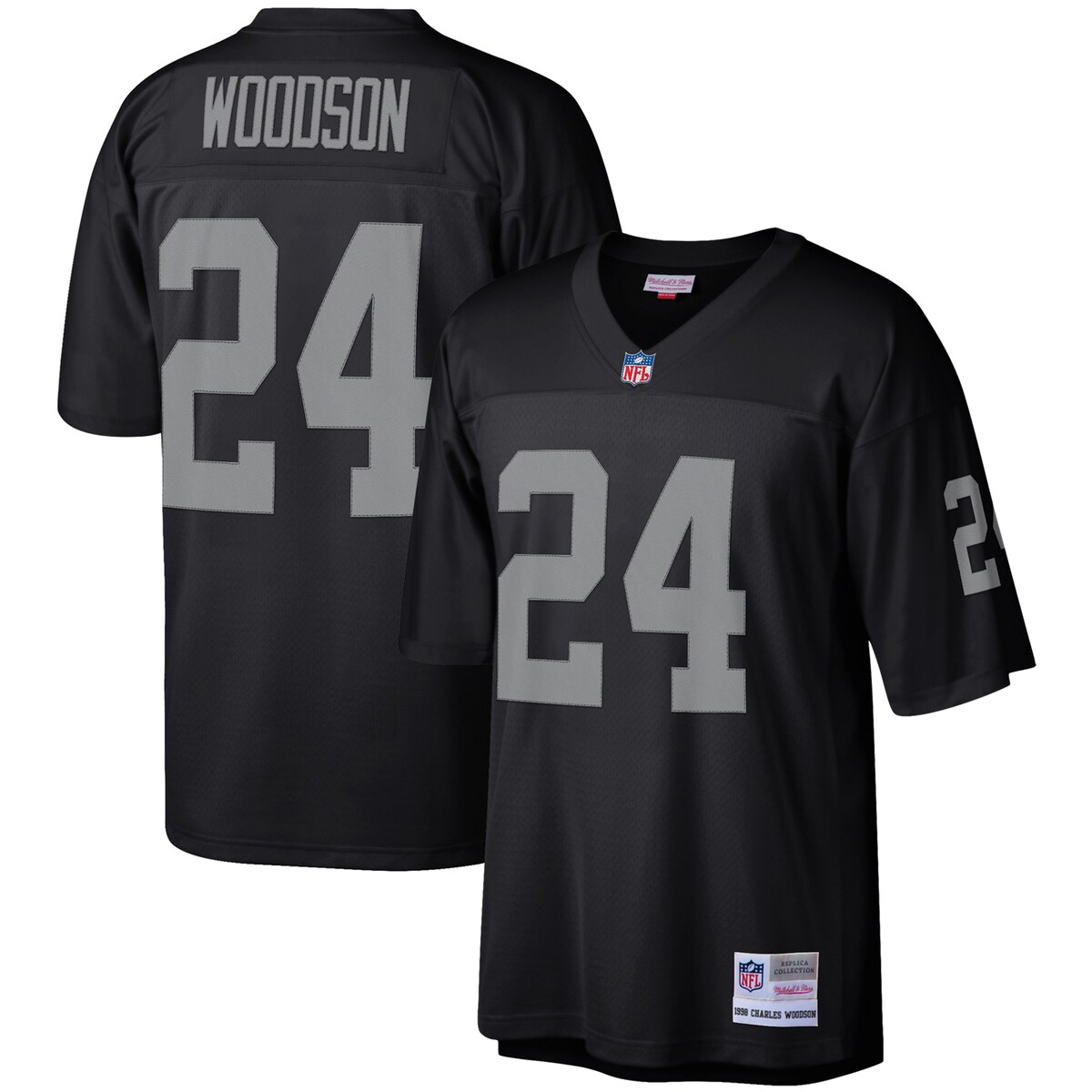 You're a massive Las Vegas Raiders fan and also loved watching Charles Woodson play. Now you can show off your fandom for both when you get this Charles Woodson Las Vegas Raiders Legacy replica jersey from Mitchell & Ness. It features distinctive throwback Las Vegas Raiders graphics on the chest and back, perfect for wearing at a home game. By wearing this jersey, you'll be able to feel like you're reliving some of the great plays that Charles Woodson accomplished to lead the Las Vegas Raiders to glory.Material: 100% PolyesterReplicaOfficially licensedEmbroidered twill graphicsSublimated rib-knit sleeve insertsMesh fabricMachine wash, line dryFabric applique sewn onWoven tags at bottom hemSide splits at waist hemShort sleevesImportedV-neckBrand: Mitchell & NessEmbroidered NFL Shield at collar