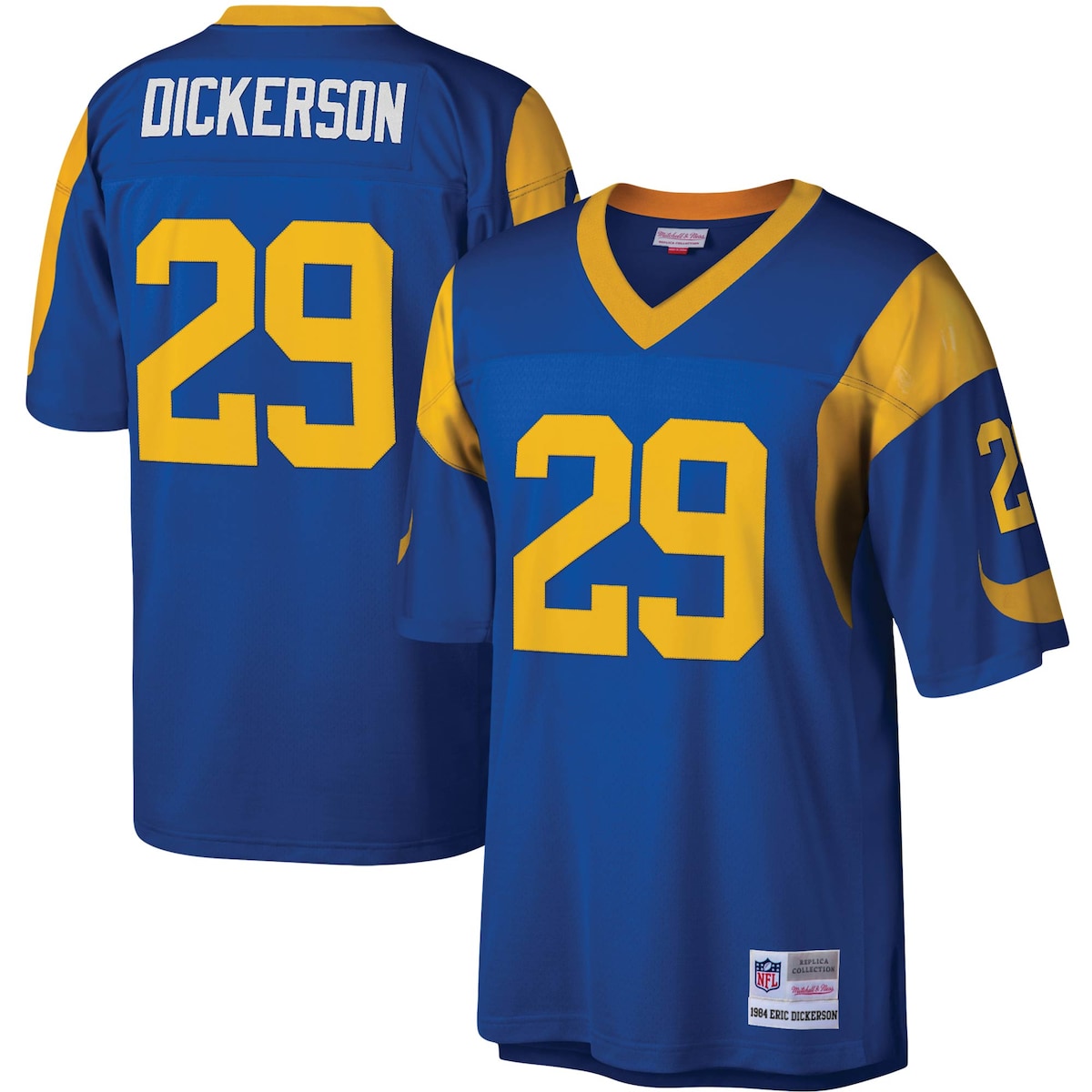 You're a massive Los Angeles Rams fan and also loved watching Eric Dickerson play. Now you can show off your fandom for both when you get this Eric Dickerson Los Angeles Rams Legacy replica jersey from Mitchell & Ness. It features distinctive throwback Los Angeles Rams graphics on the chest and back, perfect for wearing at a home game. By wearing this jersey, you'll be able to feel like you're reliving some of the great plays that Eric Dickerson accomplished to lead the Los Angeles Rams to glory.Short sleevesMachine wash, line dryOfficially licensedMaterial: 100% PolyesterSide splits at waist hemFabric applique sewn onEmbroidered NFL Shield at collarWoven tags at bottom hemMesh fabricSublimated rib-knit sleeve insertsEmbroidered twill graphicsImportedReplicaV-neckBrand: Mitchell & Ness