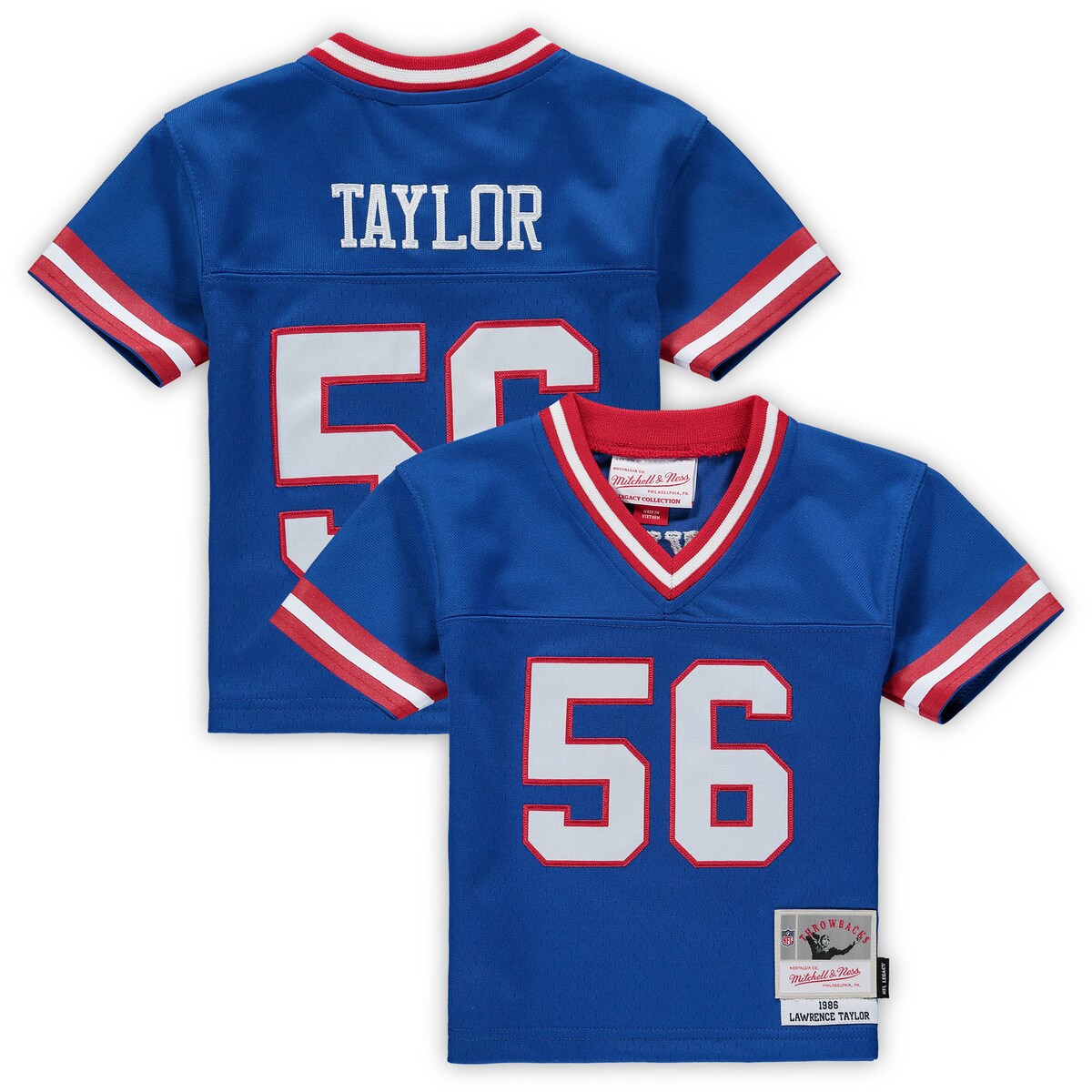 Welcome your new little New York Giants fan into the football family with this Lawrence Taylor 1986 Retired Legacy jersey from Mitchell & Ness. The soft, breathable mesh material provides a nice breeze to keep them cool. Finished with a sleek New York Giants design, this player jersey gives your MVP in the making a fresh new look.ImportedBrand: Mitchell & NessMachine wash with garment inside out, tumble dry lowOfficially licensedHeat-sealed stripesStitched tackle twill appliqueNFL patch sewn onto bottom front collarWoven tag at bottom left hemShort sleevesMaterial: 100% PolyesterBottom hem with side splitsSolid side panelsMesh fabric