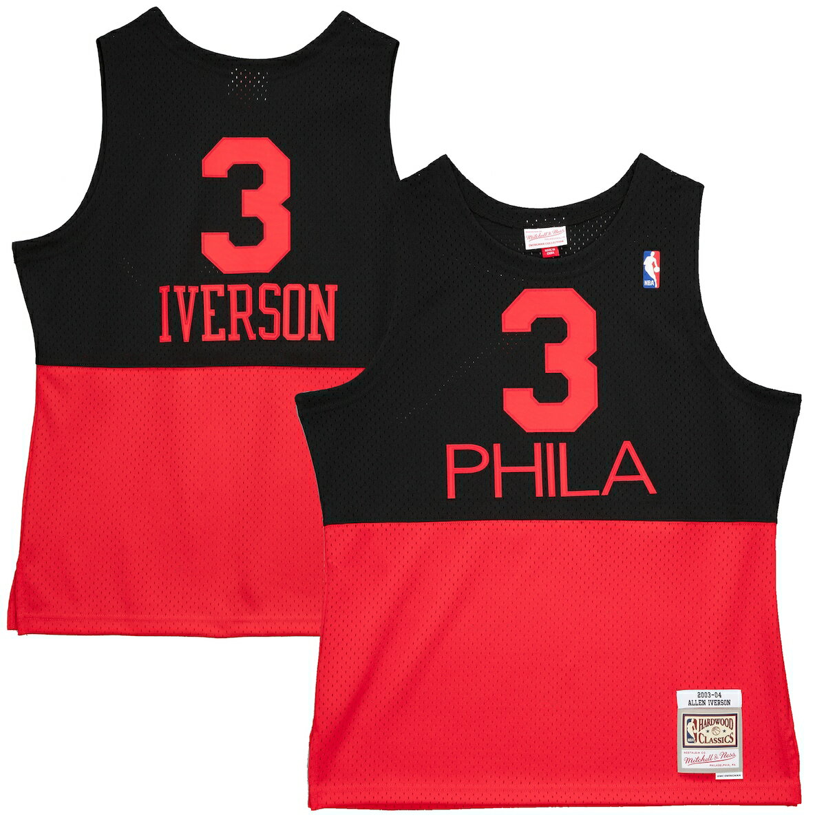 Get pumped up and ready for the next Philadelphia 76ers game with this Allen Iverson Mitchell & Ness 2003-2004 Hardwood Classics Reload 2.0 Swingman Jersey. This sweet gear features bold Philadelphia 76ers and Allen Iverson graphics that are sure to grab the attention of fellow fans. Pair this top with your favorite Philadelphia 76ers hat and you'll have the ultimate game day look!Officially licensedWoven graphicsMaterial: 100% PolyesterWoven jock tag above hemSwingman ThrowbackHeat Sealed fabric appliqueSublimated graphicsSide splitsImportedSleevelessBrand: Mitchell & NessMesh fabricMachine wash, line dryCrew neckRib-knit collar and armholes