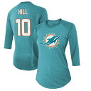 【公式グッズ】NFL ドルフィンズ タイリーク・ヒル Tシャツ Majestic(マジェスティック) レディース アクア (Women's Team Color 3/4 Raglan Player N&N Top - EXPIRED)
