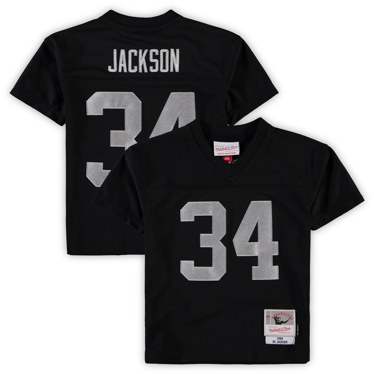 Help your kiddo rep one of the greatest players in Las Vegas Raiders history with this Retired Player Legacy jersey from Mitchell & Ness. Its throwback design is inspired by the uniform Bo Jackson wore during his memorable seasons with the franchise. This jersey's remarkably detailed graphics and stitching help bring back all those cherished memories of watching Bo Jackson lead the Las Vegas Raiders onto the gridiron.Brand: Mitchell & NessWoven jock tagImportedMachine wash with garment inside out, tumble dry lowV-neckOfficially licensedMesh fabricSide splits at waist hemTackle twill graphicsMaterial: 100% PolyesterShort sleeve