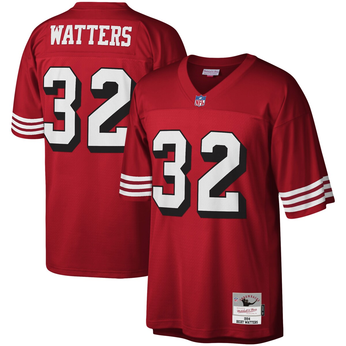 You're a massive San Francisco 49ers fan and also loved watching Ricky Watters play. Now you can show off your fandom for both when you get this Ricky Watters San Francisco 49ers Legacy replica jersey from Mitchell & Ness. It features distinctive throwback San Francisco 49ers graphics on the chest and back, perfect for wearing at a home game. By wearing this jersey, you'll be able to feel like you're reliving some of the great plays that Ricky Watters accomplished to lead the San Francisco 49ers to glory.Officially licensedThrowback JerseySublimated rib-knit sleeve insertsImportedFabric applique sewn onMaterial: 100% PolyesterEmbroidered twill graphicsMachine wash, line dryBrand: Mitchell & NessWoven tags at bottom hemShort sleevesEmbroidered NFL Shield at collarV-neckSide splits at waist hemMesh fabric