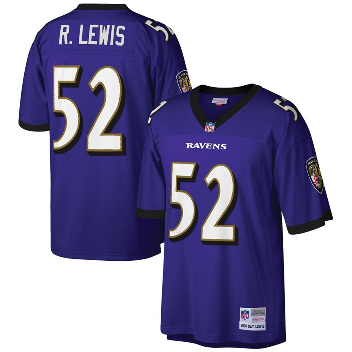 Wear your enthusiasm for the Baltimore Ravens proudly when you get this Ray Lewis 2000 Retired Player replica jersey from Mitchell & Ness.V-neckMaterial: 100% PolyesterShort sleeveTackle twill appliqueMachine wash, tumble dry lowJersey Color Style: RetiredOfficially licensedReplica JerseyDrop tail hem with side splitsBack neck tapingImportedHeat-sealed sleeves stripesFabric applique graphics and NFL shieldBrand: Mitchell & NessFront and back yoke seamsRib-knit collarWoven jock tag on bottom left hemMesh body