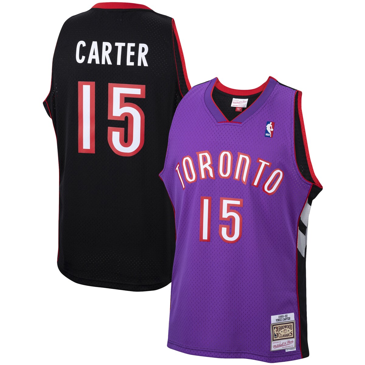 Rep one of your all-time favorite pros with this Vince Carter Swingman jersey from Mitchell & Ness. The throwback Toronto Raptors details are inspired by the franchise's iconic look of days gone by. Every stitch on this jersey is tailored to exact team specifications, delivering outstanding quality and a premium feel.Officially licensedSwingman ThrowbackMachine wash, line dryHeat-sealed NBA logoMaterial: 100% PolyesterMesh fabricTackle twill graphicsCrew neckBrand: Mitchell & NessRib-knit collar and arm openingsWoven jock tagSleevelessImportedWoven tag with player detailsSide splits at waist hem