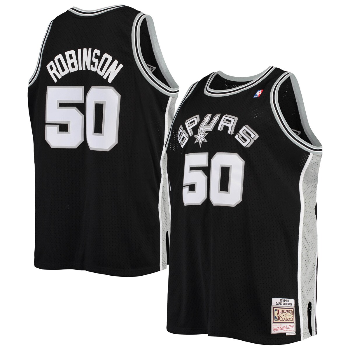 Your San Antonio Spurs fandom stretches back for years, and you love to celebrate it at every opportunity. Before the next game tips off, pay homage to your team's storied past while also recognizing one of its all-time brightest stars with this David Robinson Hardwood Classics Swingman jersey from Mitchell & Ness! Its throwback-inspired design and player-specific graphics are sure to remind fellow fans of all their favorite San Antonio Spurs wins, both past and present.Officially licensedSleevelessAuthentic JerseyMaterial: 100% PolyesterWoven jock tag at hemMachine wash, tumble dry lowImportedV-neckMesh fabricSide splits at hemBrand: Mitchell & NessSublimated graphicsTackle twill applique nameplate and numbersHeat-sealed NBA logo