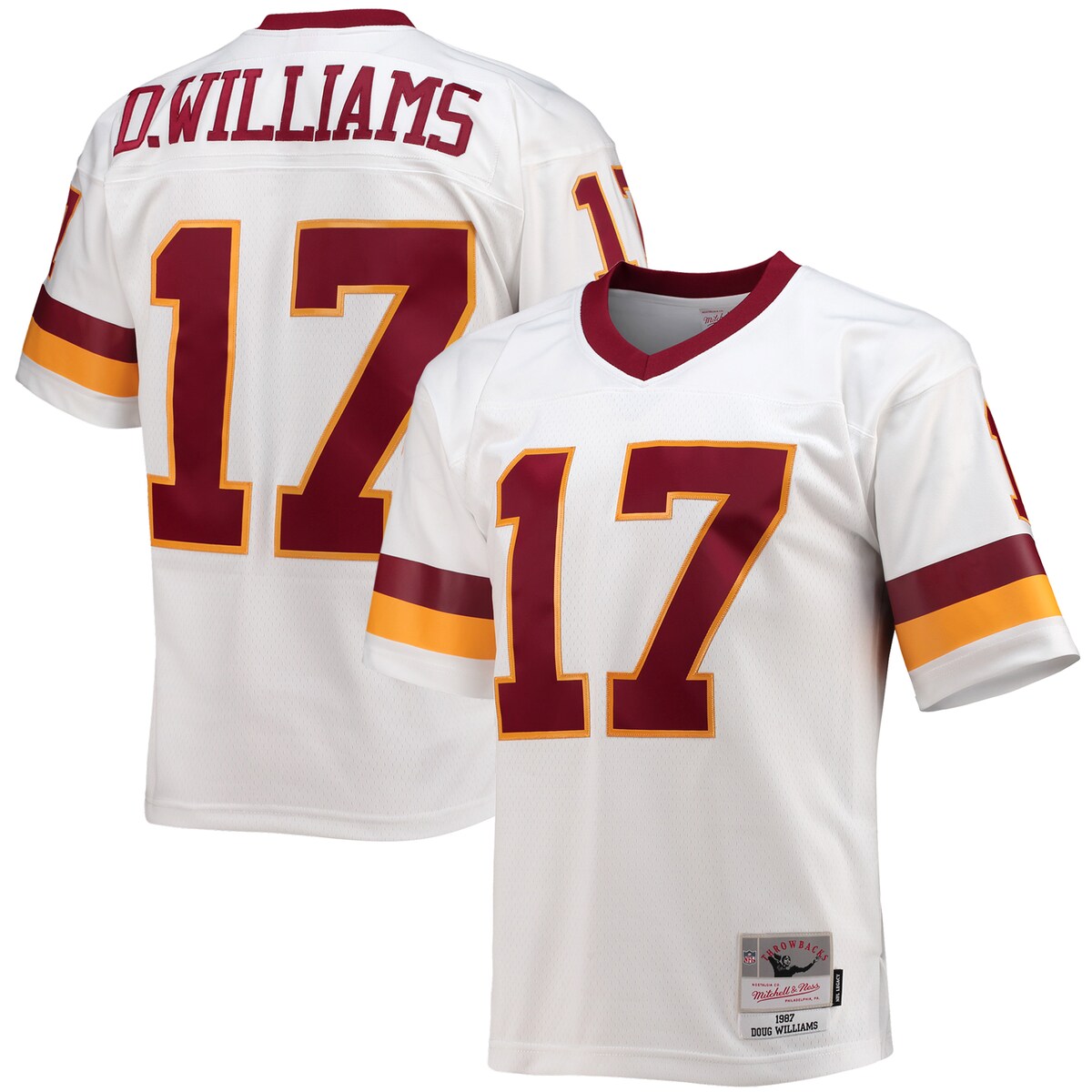 You're a massive Washington Football Team fan and also loved watching Doug Williams play. Now you can show off your fandom for both when you get this Doug Williams Washington Football Team Legacy replica jersey from Mitchell & Ness. It features distinctive throwback Washington Football Team graphics on the chest and back, perfect for wearing at a home game. By wearing this jersey, you'll be able to feel like you're reliving some of the great plays that Doug Williams accomplished to lead the Washington Football Team to glory.Throwback JerseyOfficially licensedEmbroidered twill graphicsMaterial: 100% PolyesterV-neckFabric applique sewn onSublimated rib-knit sleeve insertsMachine wash, line dryMesh fabricWoven tags at bottom hemImportedBrand: Mitchell & NessSide splits at waist hemShort sleevesEmbroidered NFL Shield at collar